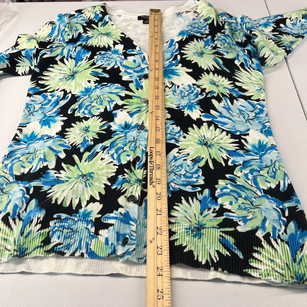 Nue Options Cardigan Sweater Womens PXL Blue Green Floral V‎ Neck Classic